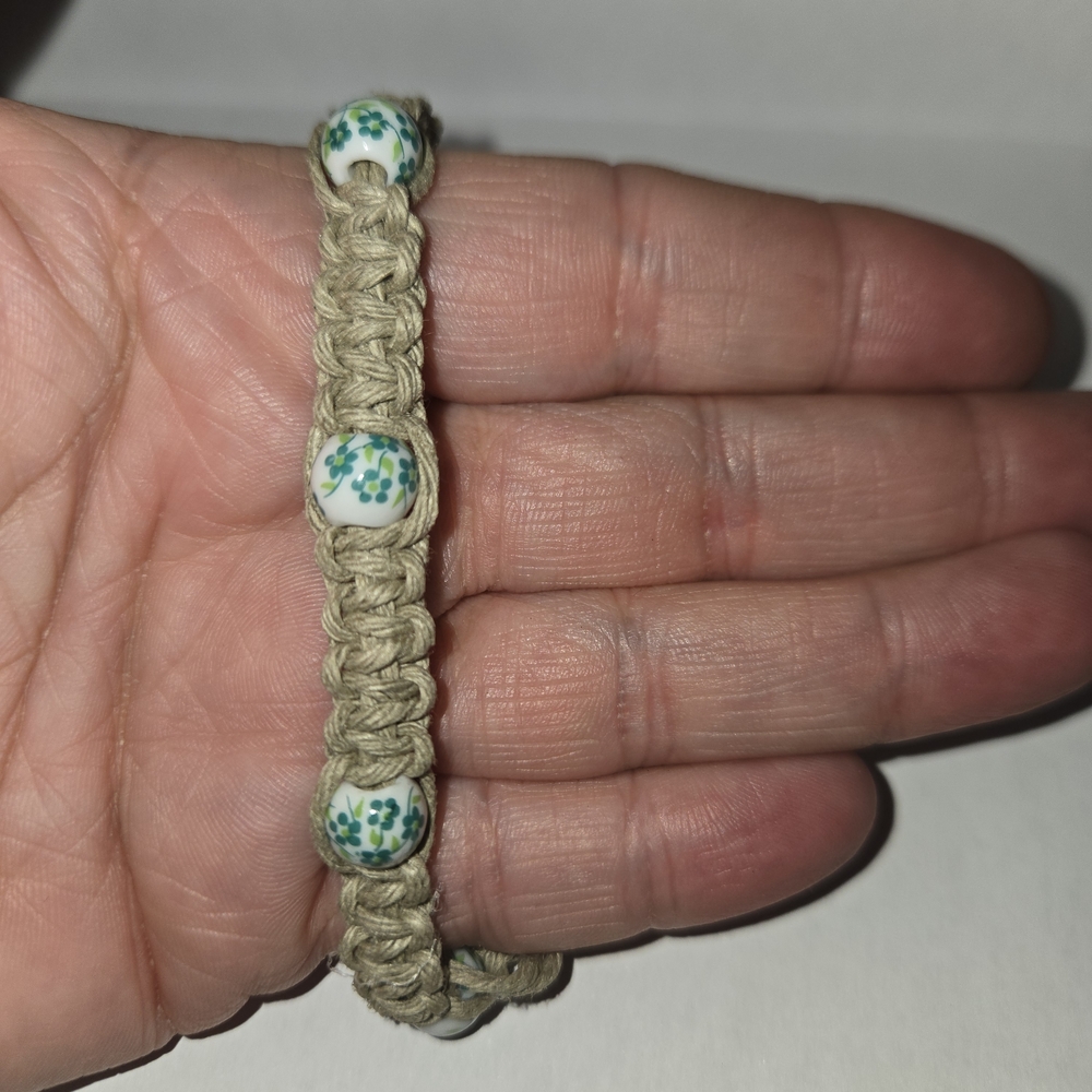 (4 For $30)     Hand Crafted Tan Bracelet with Green Pottery Floral Beads